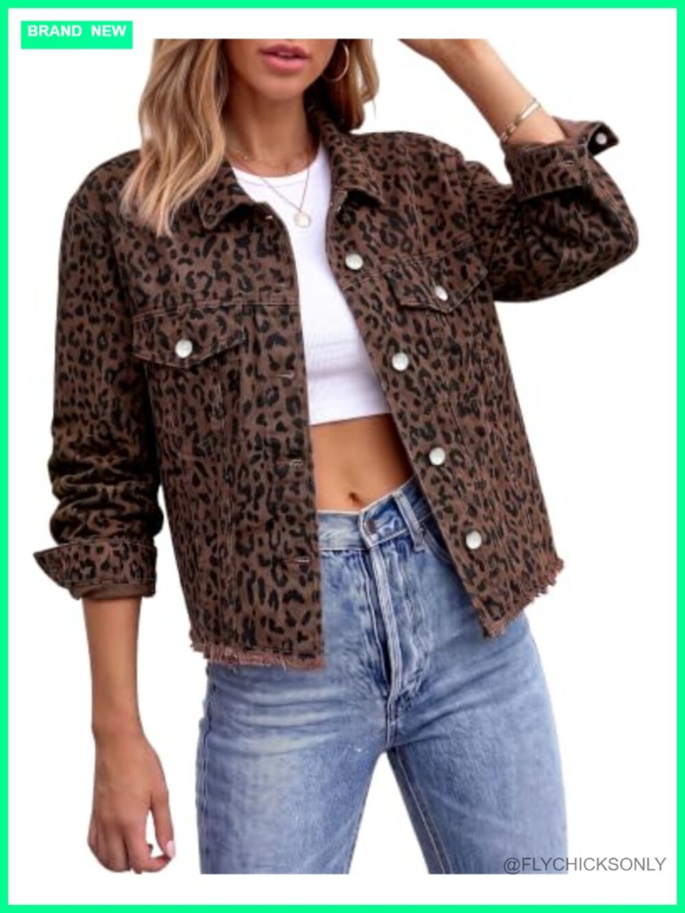 Leopard Print Denim Jacket Button Down Frayed Hem Cropped Jean Coat
